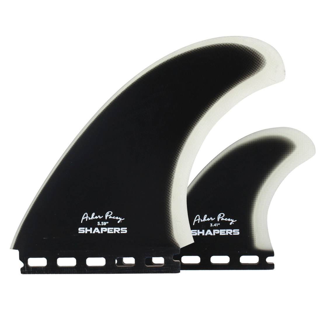 Two black surfboard fins with 'Arber Perez Shapers' branding on a white background