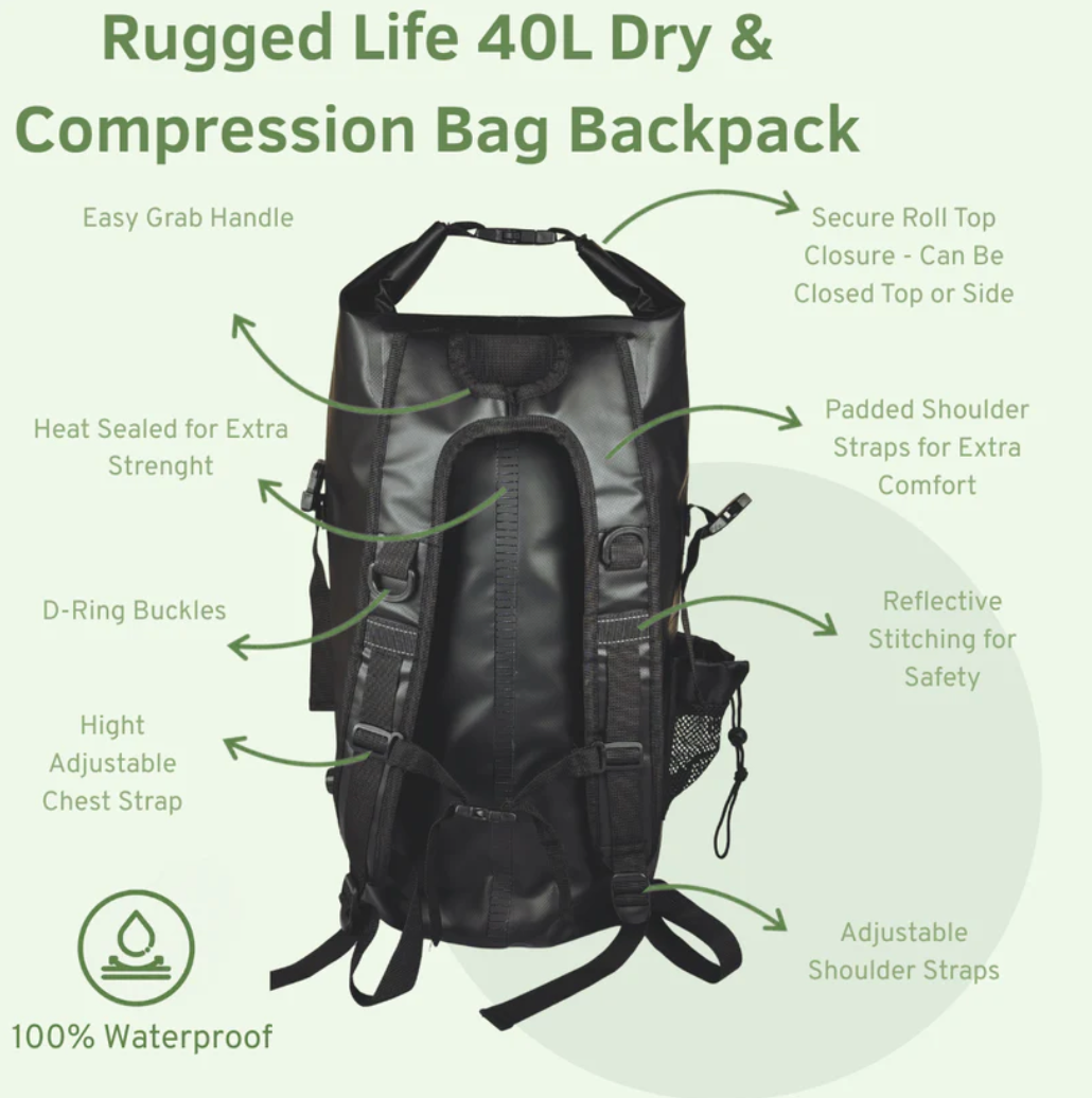Rugged Life 40L Dry & Compression Bag Backpack – Heavy Duty Black