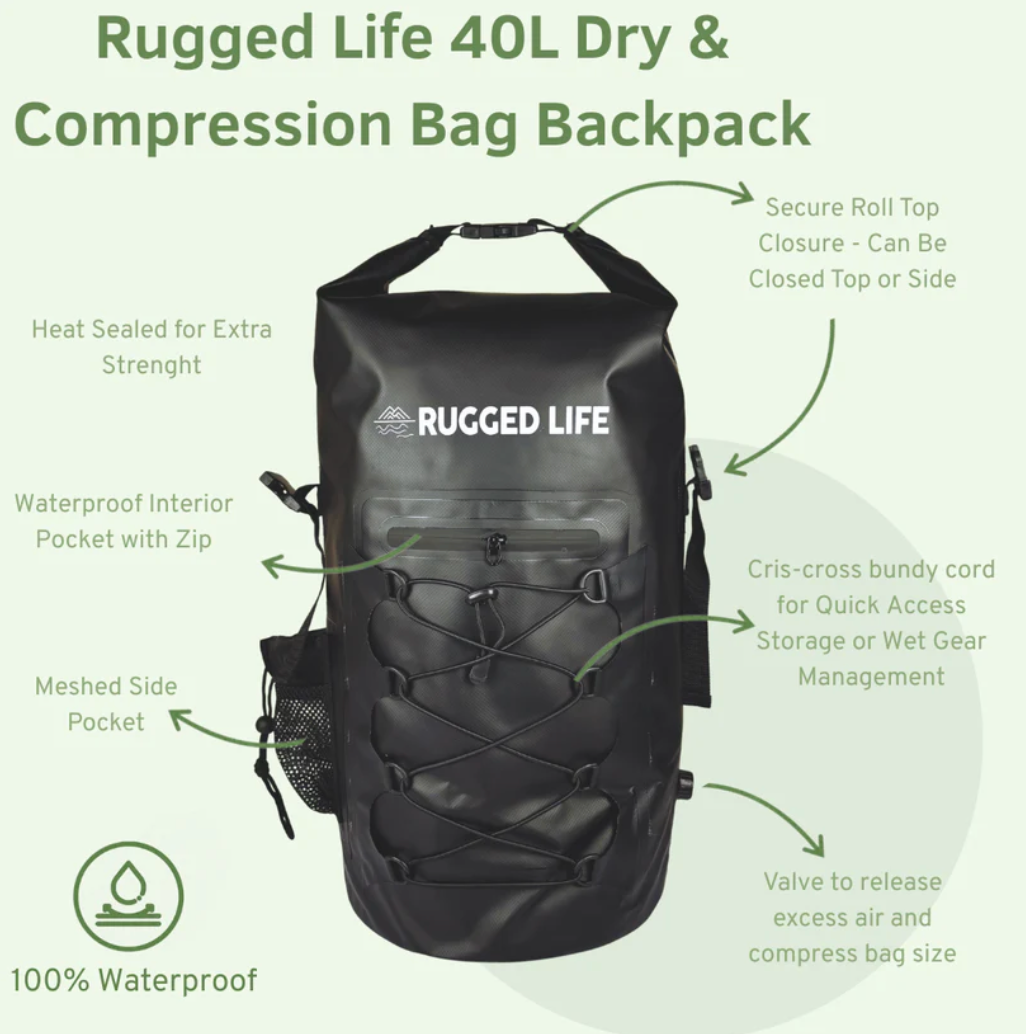 Rugged Life 40L Dry & Compression Bag Backpack – Heavy Duty Black