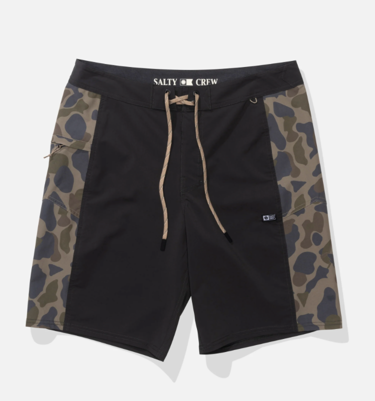Black board shorts with camouflage side panels and beige drawstrings, shown flat on a light gray background. The waistband features the text 'SALTY x CRFW'.