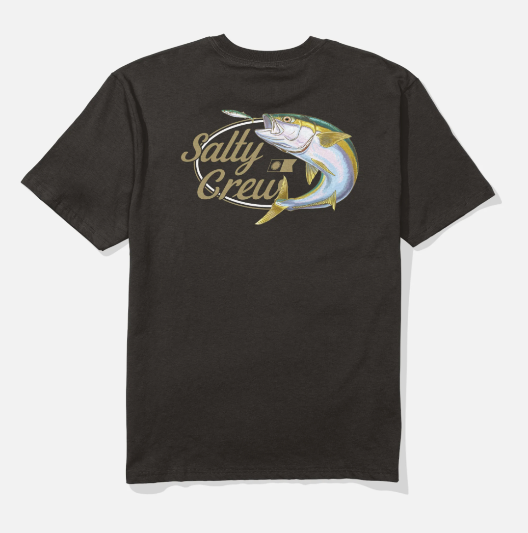 A black short-sleeve t-shirt with a graphic of a fish and the text 'Salty Crew' on the chest, displayed against a light gray background.