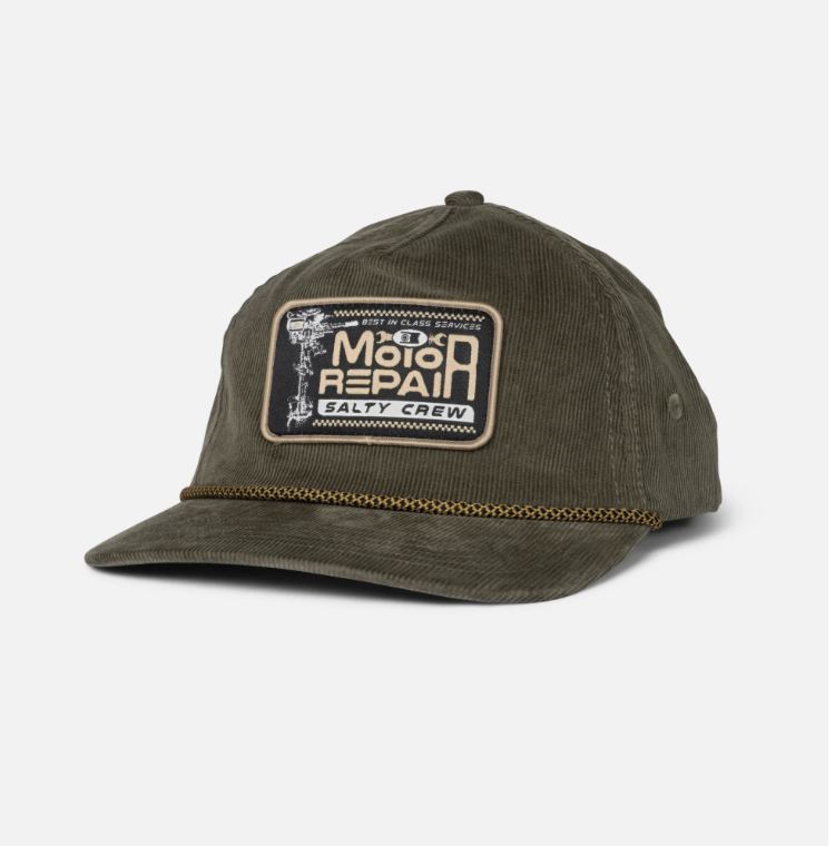 An olive green corduroy baseball cap with a rectangular embroidered patch on the front that reads 'Moto Repair' and 'Salty Crew'.