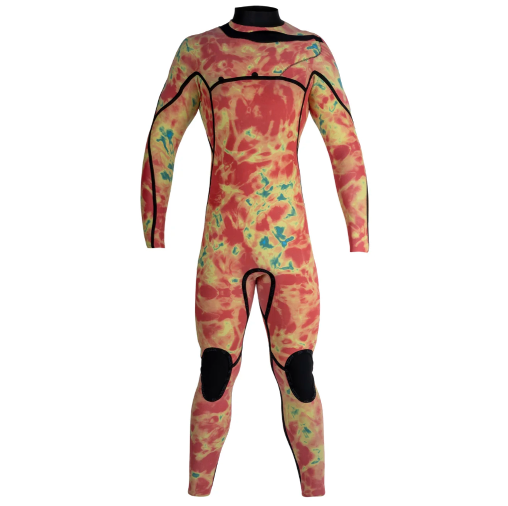 A full-body wetsuit with a tie-dye pattern in red, yellow, and teal, featuring black trim and protective knee pads, shown against a plain white background.