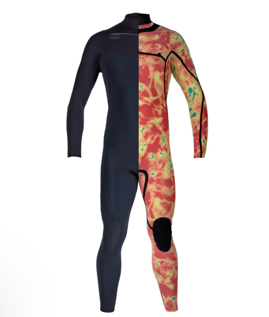 A full-body wetsuit shown on a white background, split vertically down the middle: the left half is solid dark navy, and the right half has a red, orange, yellow, and teal marbled pattern with black trim and a black knee pad.
