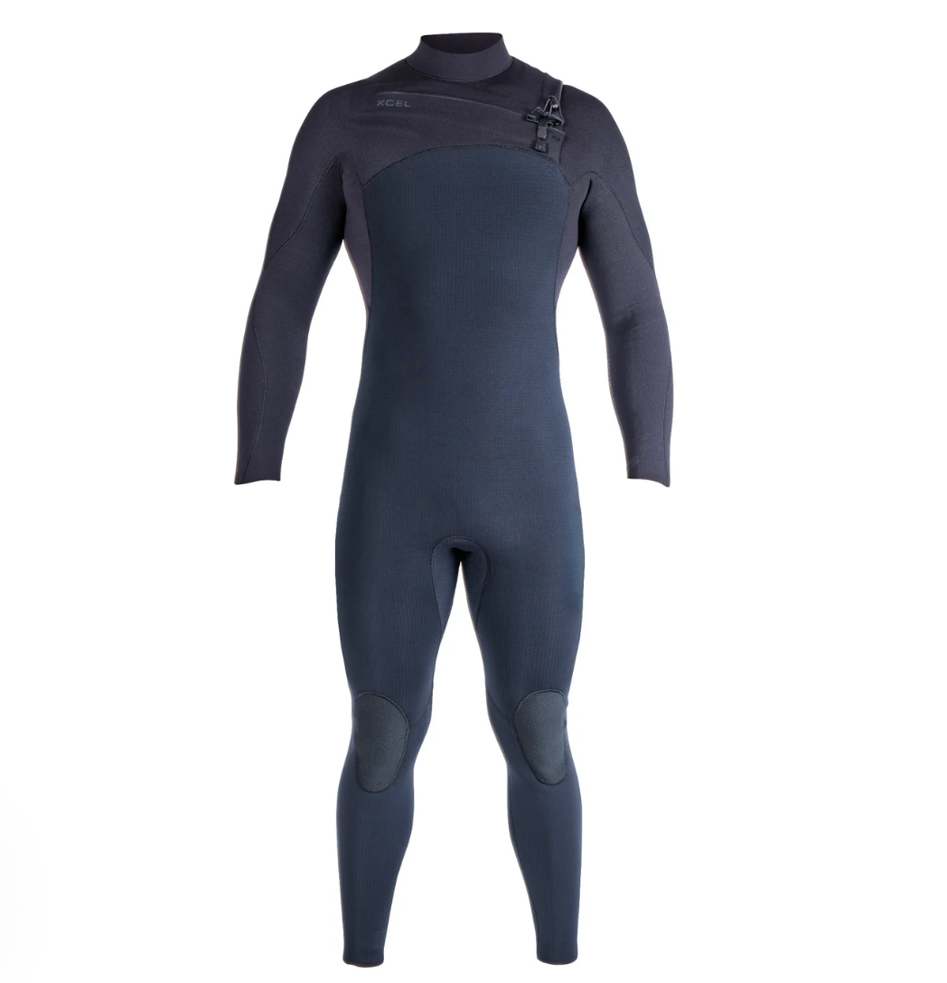A full-body black neoprene wetsuit with a mock neck collar, shoulder straps, and reinforced knee panels, shown against a plain white background.