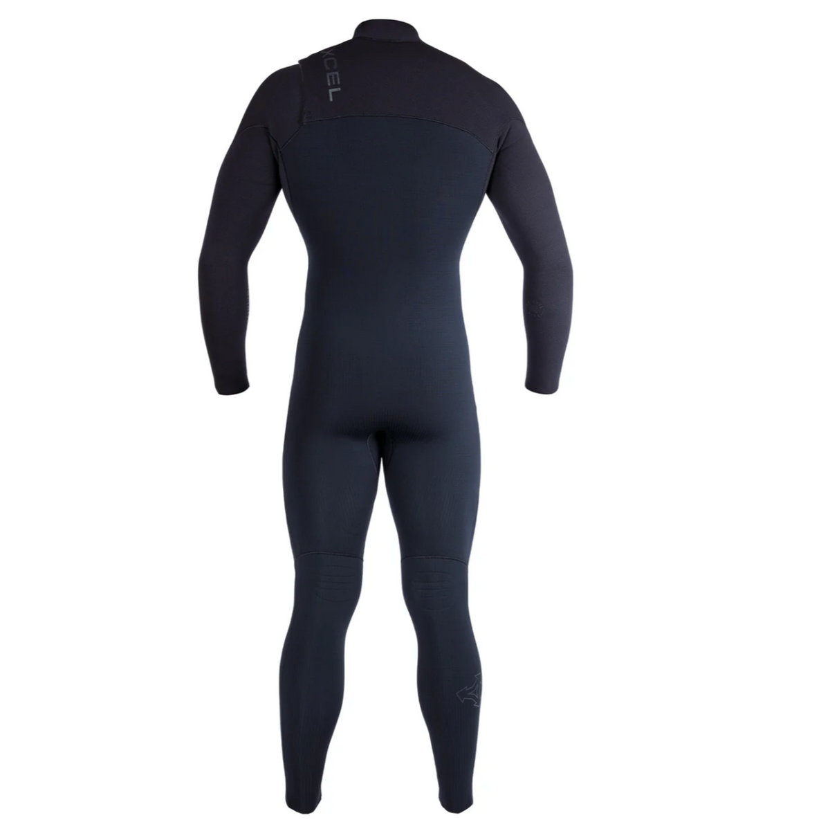 A full-body rear view of a black wetsuit on a white background.