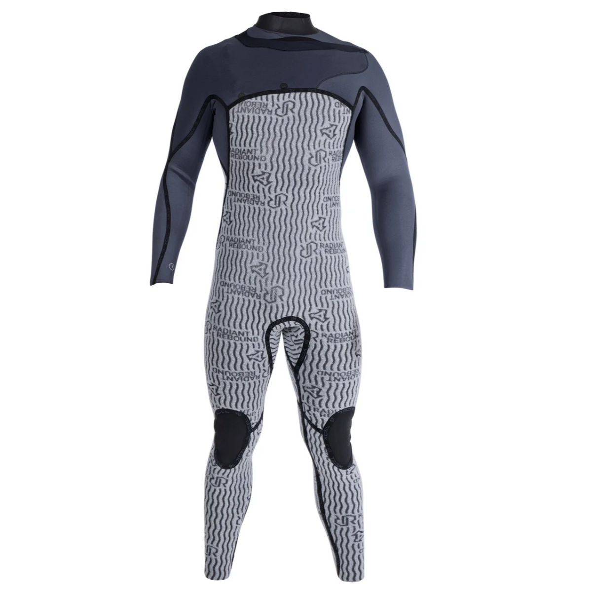 A full-body wetsuit shown on a headless mannequin against a plain white background. The suit has a gray and white wavy patterned body, dark gray sleeves and upper chest, black knee patches, and black trim lines.