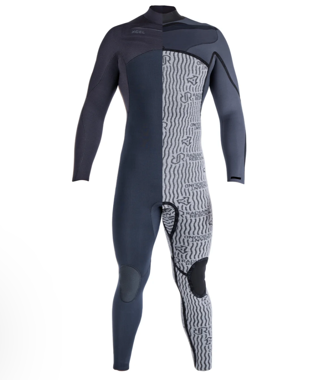 A full-body wetsuit shown on a headless mannequin against a plain white background. The suit is primarily dark navy blue with a large gray and white wavy patterned panel down the center and right leg, plus black knee patches and small black branding details.