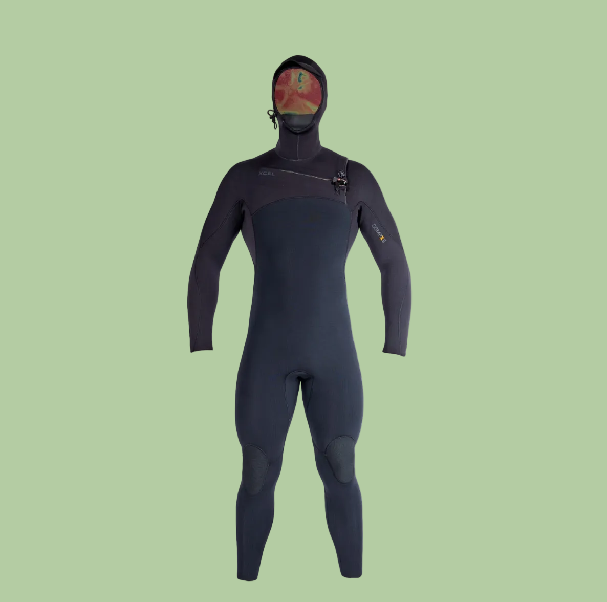 A full-body dark gray wetsuit with a hood and integrated face mask, shown on a plain white background. The suit has a darker gray torso and lighter charcoal sleeves and legs, with a small yellow logo on the upper right arm.