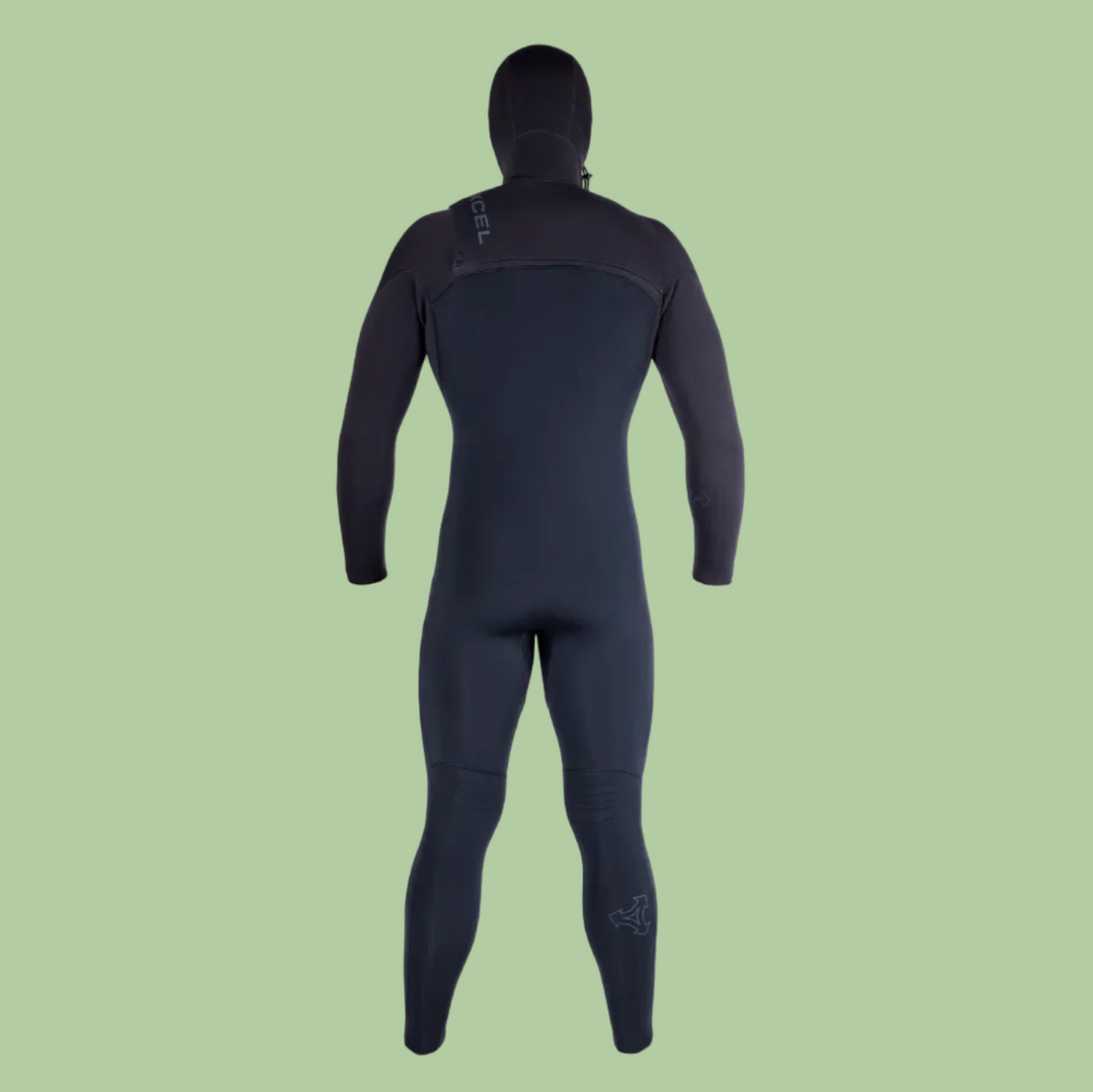 A full-body view of a black hooded wetsuit shown on a headless mannequin or model, photographed from the back against a plain white background.