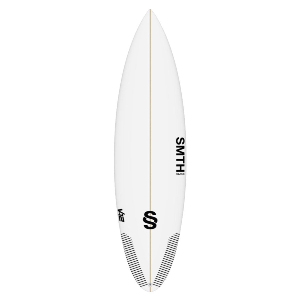 White SMTH surfboard with black branding on a white background