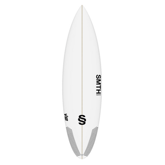 White SMTH surfboard with black branding on a white background