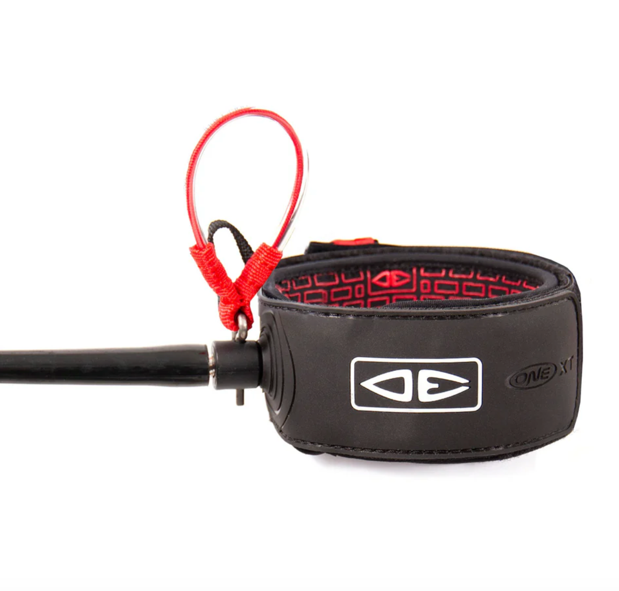 Black leash with red clip on a white background