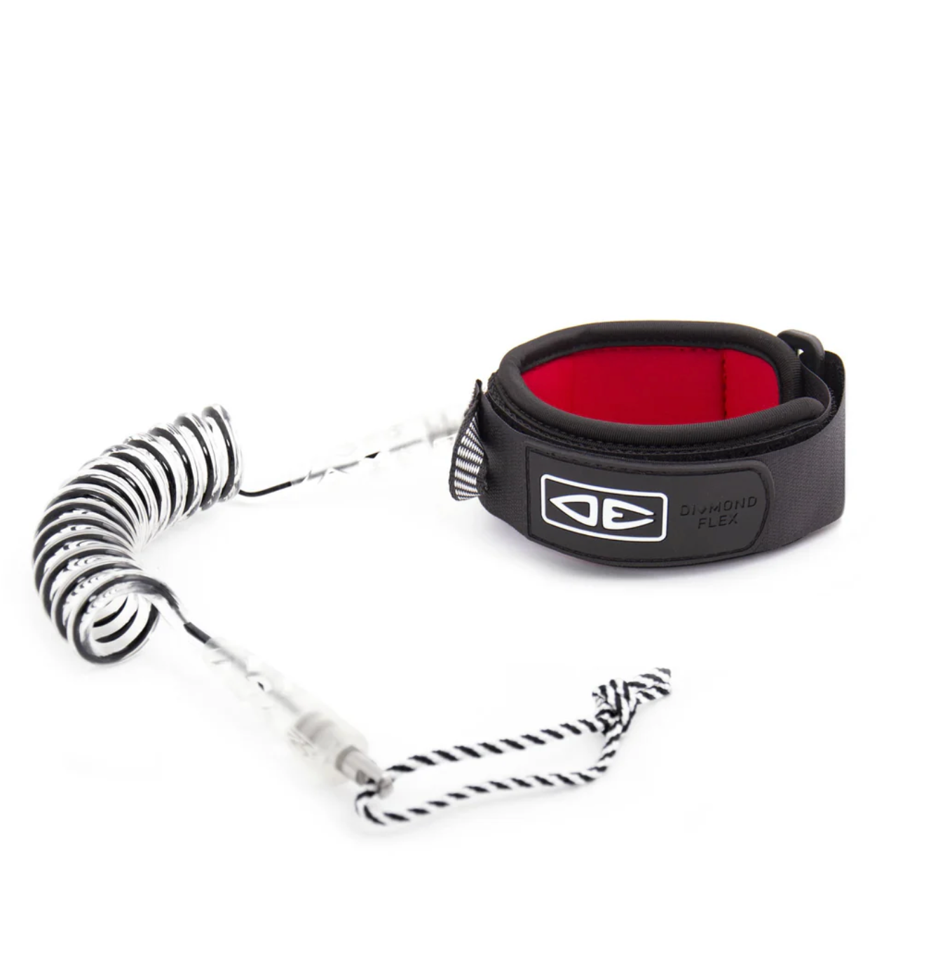 Coiled leash with red pad and black handle on a white background