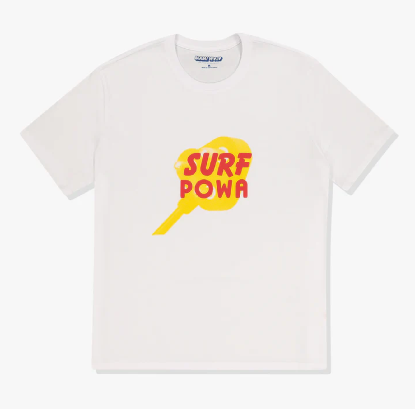 White t-shirt with 'Surf Powa' graphic design on a white background