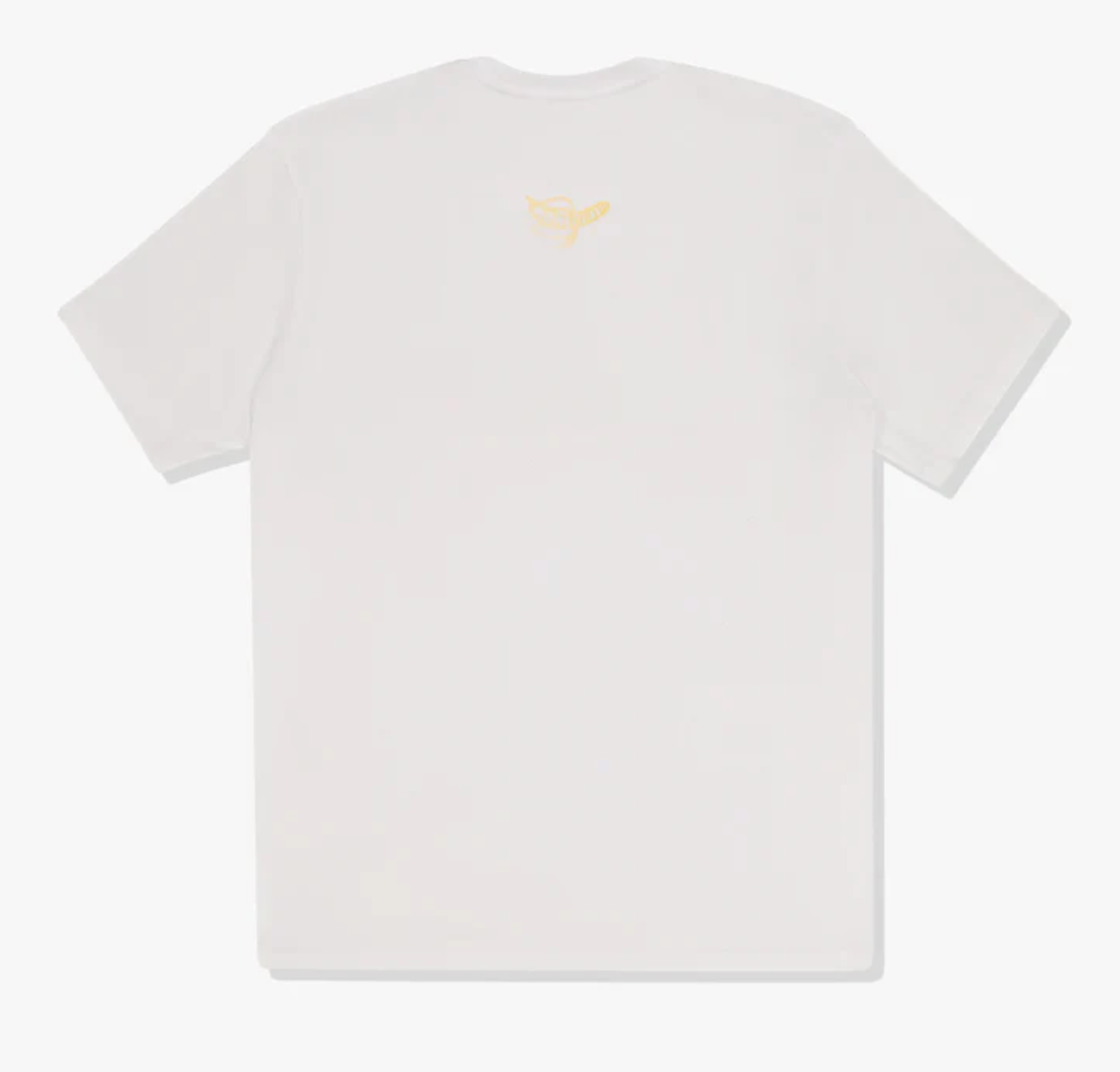 White t-shirt with a small yellow logo on the back against a white background