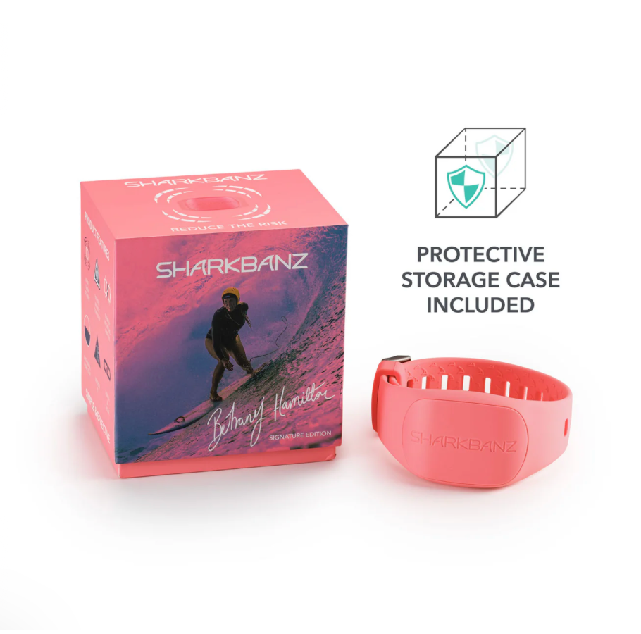 Sharkbanz product with packaging and protective storage case on a white background