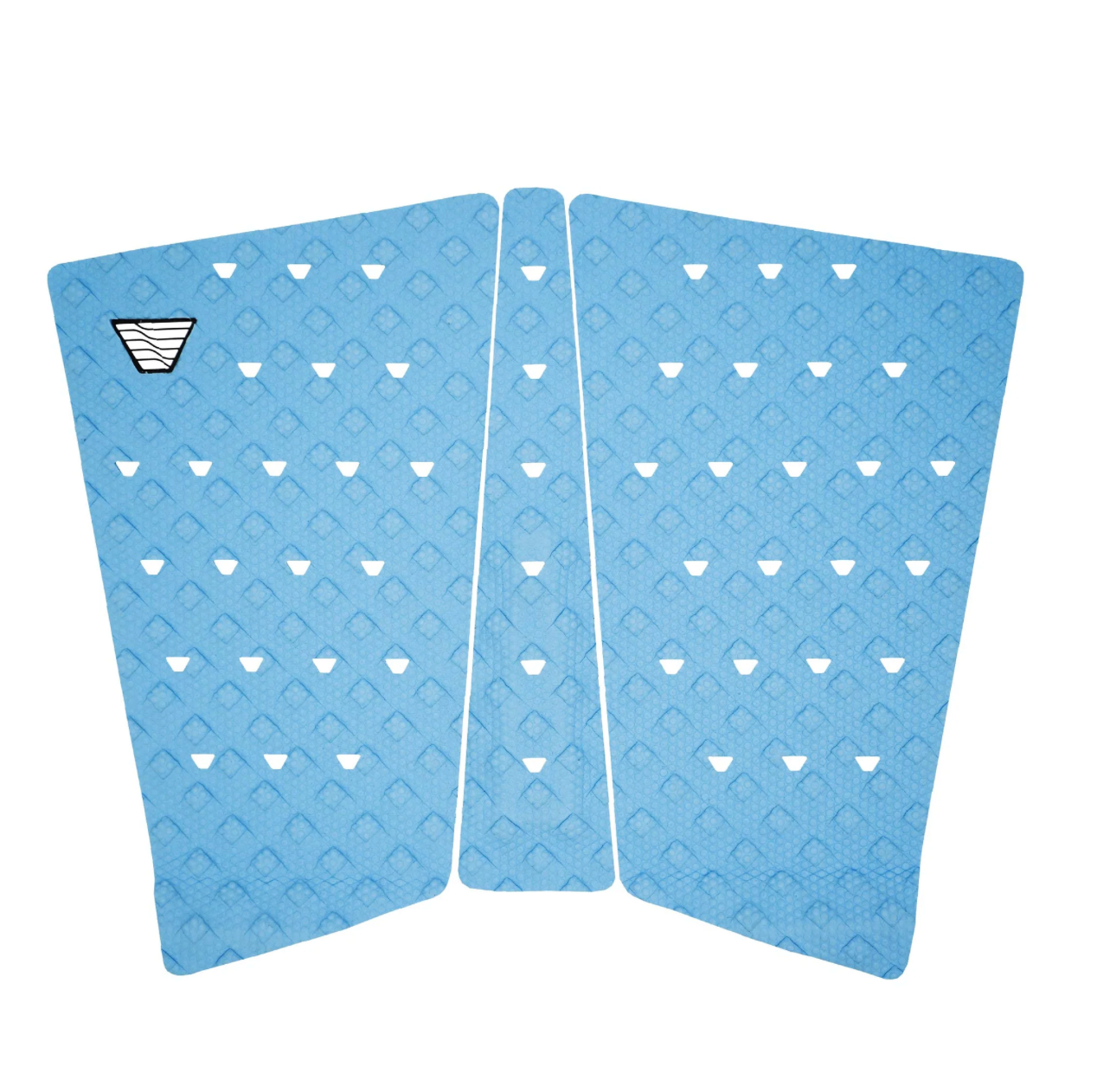 Three light blue textured grip tape pads with white triangular cutouts and a black-and-white logo, arranged on a plain white background.