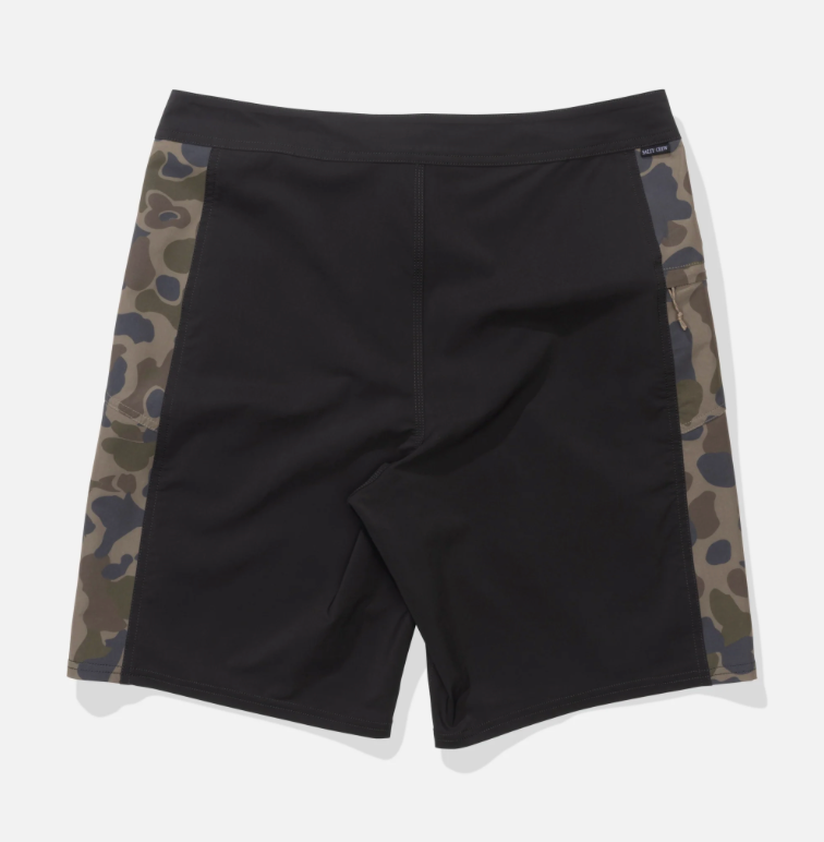 Black surf shorts with camouflage side panels, shown flat on a light gray background.