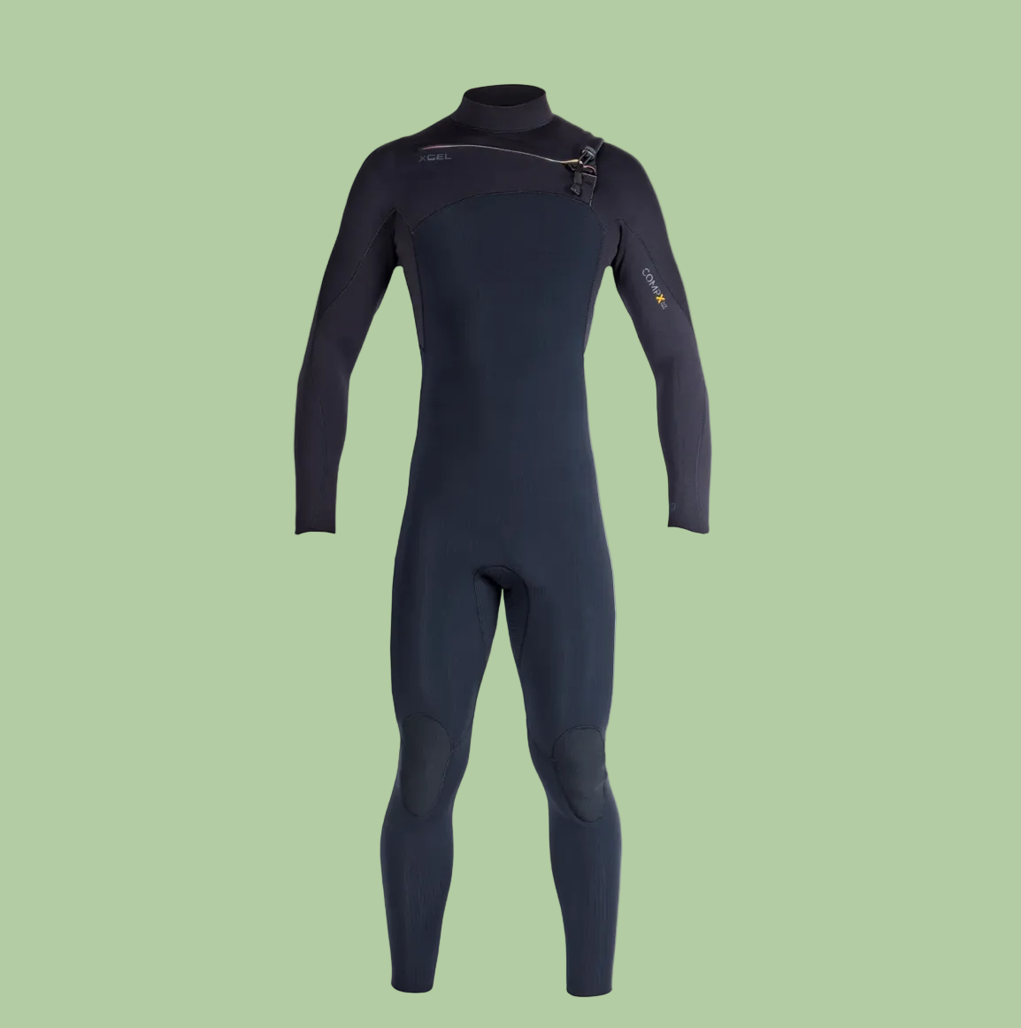 A men's full-body wetsuit in a dark navy color, featuring a high collar, a horizontal zipper across the chest, and a small yellow and blue logo on the left sleeve, displayed against a solid white background.