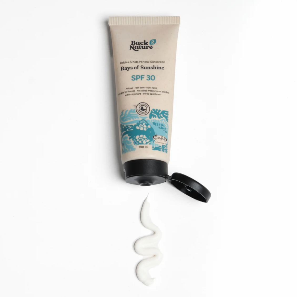 A squeeze tube of Buck Naturals 'Rays of Sunshine' SPF 30 sunscreen lies on its side with the cap removed and placed beside it, with a squiggle of white sunscreen cream smeared below on a clean white background.