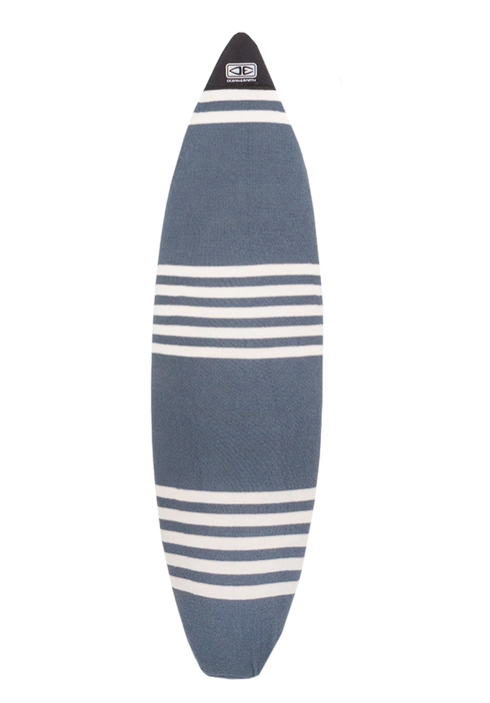 A blue and white striped surfboard cover fitted on a surfboard, with a protective nose piece at the top.